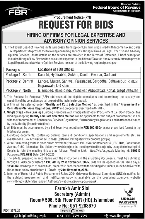 Federal Board of Revenue Islamabad Tender Notice